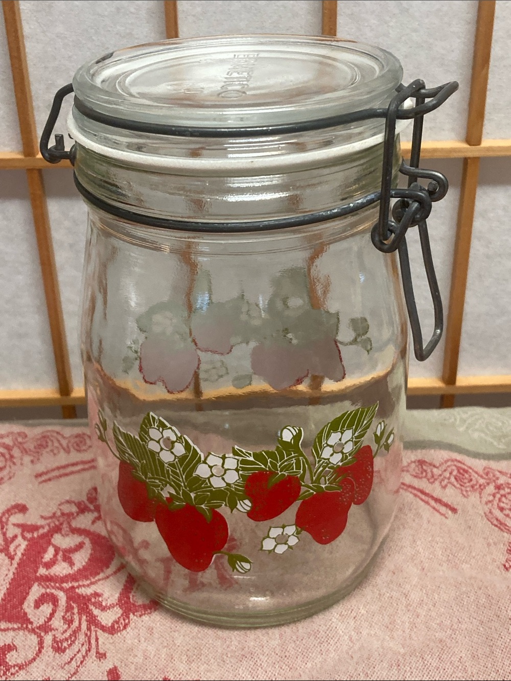 Vintage Carlton Glass Strawberry Canister Jar Hermetic 1L Wire Bail Lid